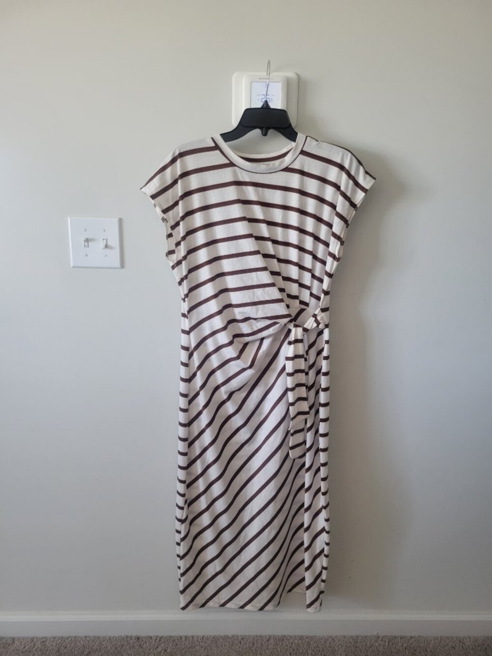 T Shirt Dress with Tie Front M L White Brown Stripes Cinched Waist Sonoma Shein